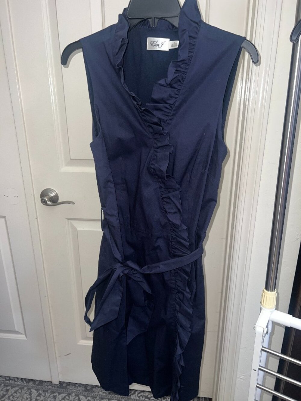 Eliza J Navy Blue Ruffle Mock Neck Sleeveless Belted Dress 14